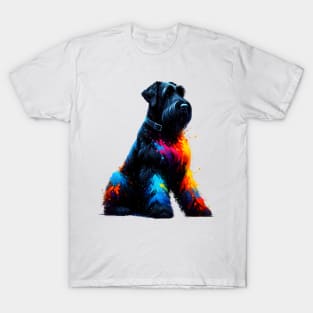 Striking Black Russian Terrier in Colorful Splash Art T-Shirt